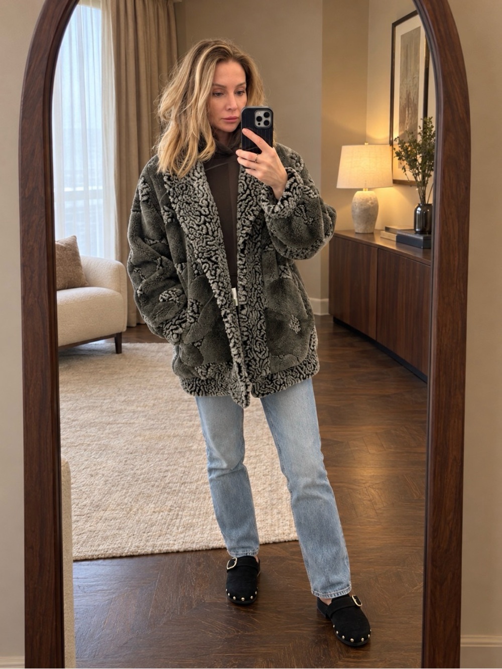 Vintage Grey Sculpted Floral Faux Fur Jacket Size 12 Made in Canada